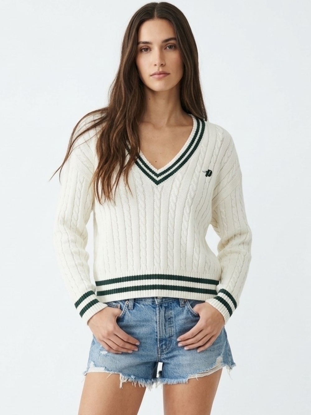 Prince Varsity Striped  V-Neck Cable Knit Sweater In Cream - XL